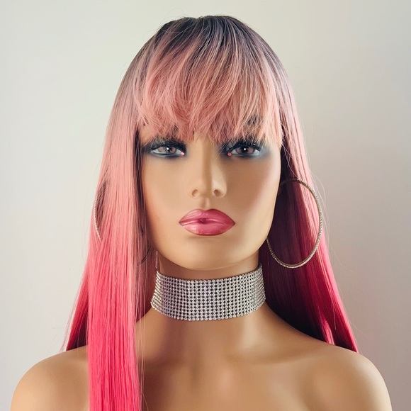 Effortless “Put On & Go” Long Ombre Pink Fuchsia Synthetic Wig w Bangs. 😊 - Picture 4 of 9